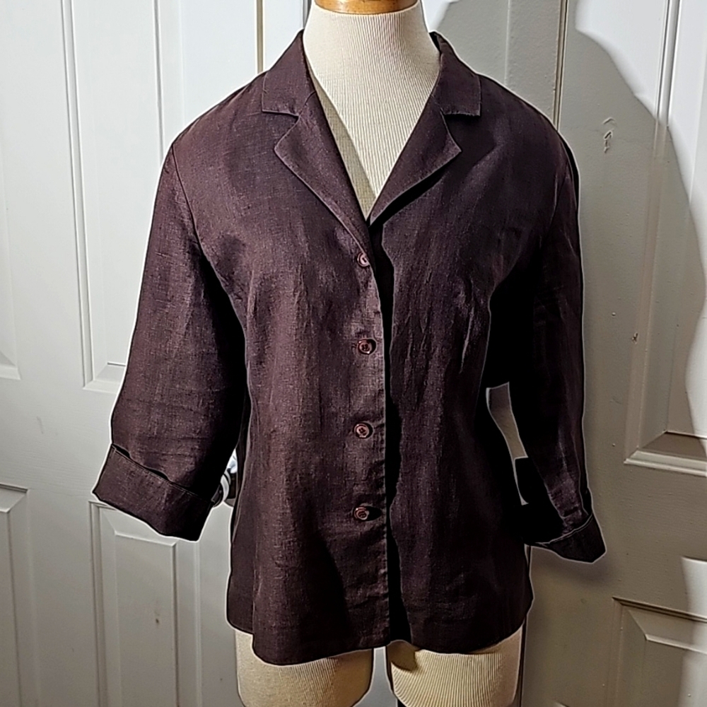 Franco Callegari 100% brown linen‎ button-down blouse 3/4 sleeves size 42 (XL)